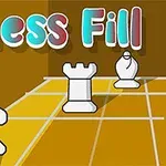 Název Chess Fill nad šachovnicí s figurami koně, věže a střelce na žlutohnědém pozadí