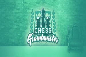 Logo s šachovými figurkami, nápisem Chess Grandmaster a ozdobným křeslem na zeleném pozadí s cihlovou texturou