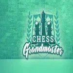 Logo s šachovými figurkami, nápisem Chess Grandmaster a ozdobným křeslem na zeleném pozadí s cihlovou texturou