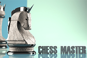 Šachová figura koně s metalickým vzhledem na lesklém povrchu vedle nápisu Chess Master