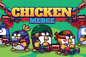 Barevný kreslený banner s nápisem „CHICKEN MERGE a třemi ozbrojenými slepicemi v brnění s velkými blastery