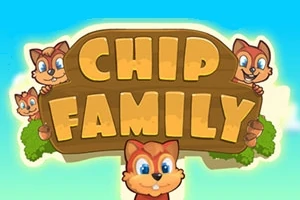 Dřevěné znamení s nápisem Chip Family obklopené kreslenými chipmunky s modrými očima na modrém pozadí