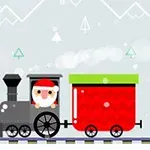 Santa Claus řídí černou parní lokomotivu s červeným vagonem na trati před zimní krajinou s horami a stromy