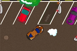 Auto parkuje na parkovišti mezi červenými a fialovými vozy, se stromem a lampami okolo