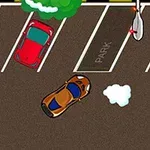 Auto parkuje na parkovišti mezi červenými a fialovými vozy, se stromem a lampami okolo