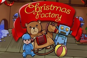 Plyšový medvěd, houpací koník, robot, panenka a míč před červeným nápisem Christmas Factory