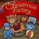 Plyšový medvěd, houpací koník, robot, panenka a míč před červeným nápisem Christmas Factory
