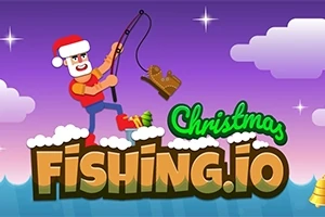 Vánoční postava s rybářským prutem chytá předmět připomínající sáňkovací botu, s nápisem Christmas Fishing