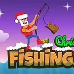 Vánoční postava s rybářským prutem chytá předmět připomínající sáňkovací botu, s nápisem Christmas Fishing