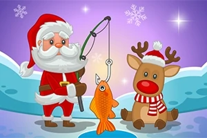 Santa Claus chytající rybu s rybářským prutem vedle soba na zasněžené krajině pod hvězdnou oblohou