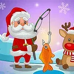 Santa Claus chytající rybu s rybářským prutem vedle soba na zasněžené krajině pod hvězdnou oblohou