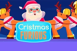 Santa Claus s červenou čepicí a dvěma sobi na modrém pozadí s nápisem Christmas Furious