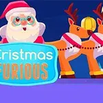 Santa Claus s červenou čepicí a dvěma sobi na modrém pozadí s nápisem Christmas Furious