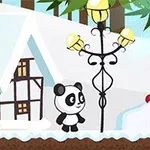 Animovaná panda stojí před lampou ve zasněžené krajině s chaloupkou a cukrovou třtinou