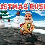 Santa Claus běží s pytlem dárků po sněhem pokryté cestě, zatímco sněhuláci v kloboucích ho sledují, s nápisem CHRISTMAS RUSH nahoře