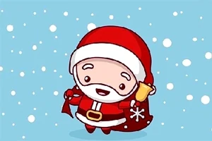 Roztomilý kreslený Santa Claus ve vánočním obleku zvoní zvonečkem na modrém pozadí se sněhem