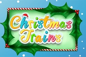 Barevný nápis Christmas Trains s vánoční čepicí na písmeni C, obklopený zelenými listy cesmíny a červenými plody na modrém pozadí se sněhovými vločkami