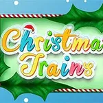 Barevný nápis Christmas Trains s vánoční čepicí na písmeni C, obklopený zelenými listy cesmíny a červenými plody na modrém pozadí se sněhovými vločkami