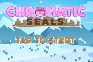 Barevný lední medvídek s nápisem CHROMATIC SEALS a TAP TO START na zasněžené horské krajině