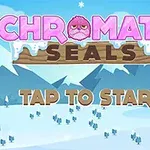 Barevný lední medvídek s nápisem CHROMATIC SEALS a TAP TO START na zasněžené horské krajině