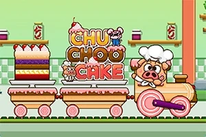 Veselý dortový vláček ve tvaru prasátka s barevným patrovým dortem a nápisem CHU CHOO CAKE na svěží kuchyňské pozadí