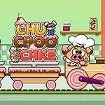 Veselý dortový vláček ve tvaru prasátka s barevným patrovým dortem a nápisem CHU CHOO CAKE na svěží kuchyňské pozadí
