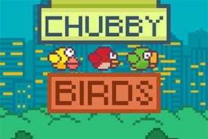 Barevné pixelové ptáčky v řadě nad nápisy CHUBBY a BIRDS proti městskému pozadí