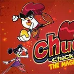 Tři kreslené postavičky v akční póze na oranžovém pozadí s názvem Chuck Chicken The Magic Egg