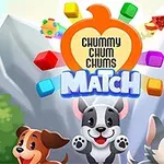 Tři veselí kreslení psi, hory v pozadí a nad nimi barevné geometrické tvary