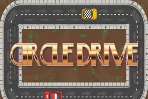 Zlatý nápis Circle Drive přes obraz závodní dráhy s auty