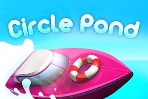 Růžový člun s plovoucím kruhem na modrém pozadí s nápisem Circle Pond
