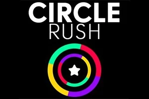 Barevné soustředné kruhy s bílou hvězdou uprostřed na černém pozadí s textem CIRCLE RUSH nahoře