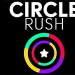 Barevné soustředné kruhy s bílou hvězdou uprostřed na černém pozadí s textem CIRCLE RUSH nahoře
