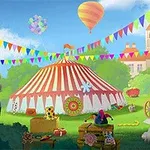 Pestrobarevný cirkusový stan uprostřed zahrady s balónky, vláčky, hračkami a slavnostními praporky na pozadí sochy a budovy