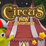 Postava ve vesmírné helmě ukazuje na cirkusový stan s textem Circus New Adventures na pozadí noci s hvězdičkami