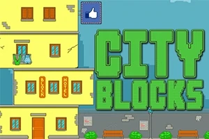 Žlutá budova s nápisy „Block Hotel“ vedle nápisu „City Blocks“ na modrém pozadí