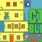 Žlutá budova s nápisy „Block Hotel“ vedle nápisu „City Blocks“ na modrém pozadí