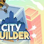 Kreslený obrázek jeřábu montujícího kostku na vrchol mrakodrapu s nápisem City Builder v popředí