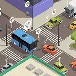 Křižovatka s různými vozidly jako autobus, dodávka a auta, zobrazující signály Wi-Fi, obklopená stromy a budovami