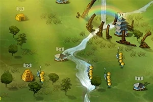 Kreslená mapa krajiny s řekou, stromy, budovami, postavami a duhou na pozadí