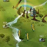 Kreslená mapa krajiny s řekou, stromy, budovami, postavami a duhou na pozadí