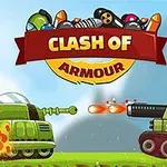 Dva kreslení tanky střílejí na sebe s logem Clash of Armour nahoře