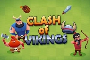 Vikingové s helmami a zbraněmi na zeleném pozadí, text Clash of Vikings