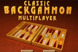 Hrací deska pro backgammon s dvěma kostkami a žetony, na dřevěném pozadí s nápisem Classic Backgammon Multiplayer