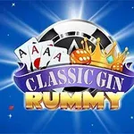 Herní logo s nápisem Classic Gin Rummy s kartami, korunou a žetony na modrém pozadí
