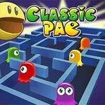 Žlutá kulatá postava s otevřenými ústy a barevné duchy v modrém bludišti s nápisem Classic Pac