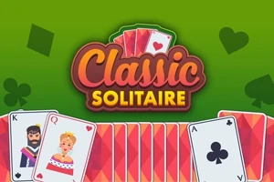 Karetní motiv s nápisem Classic Solitaire na zeleném pozadí, zobrazující karty krále, královny a kříže