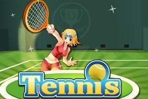 Animovaná postava v červeném sportovním oblečení hraje tenis na zeleném kurtu, s nápisem Tennis v popředí