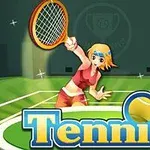Animovaná postava v červeném sportovním oblečení hraje tenis na zeleném kurtu, s nápisem Tennis v popředí