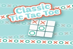 Název Classic Tic Tac Toe nad herním herním polem tic-tac-toe s vyznačenými symboly X a O na světle modrém pozadí